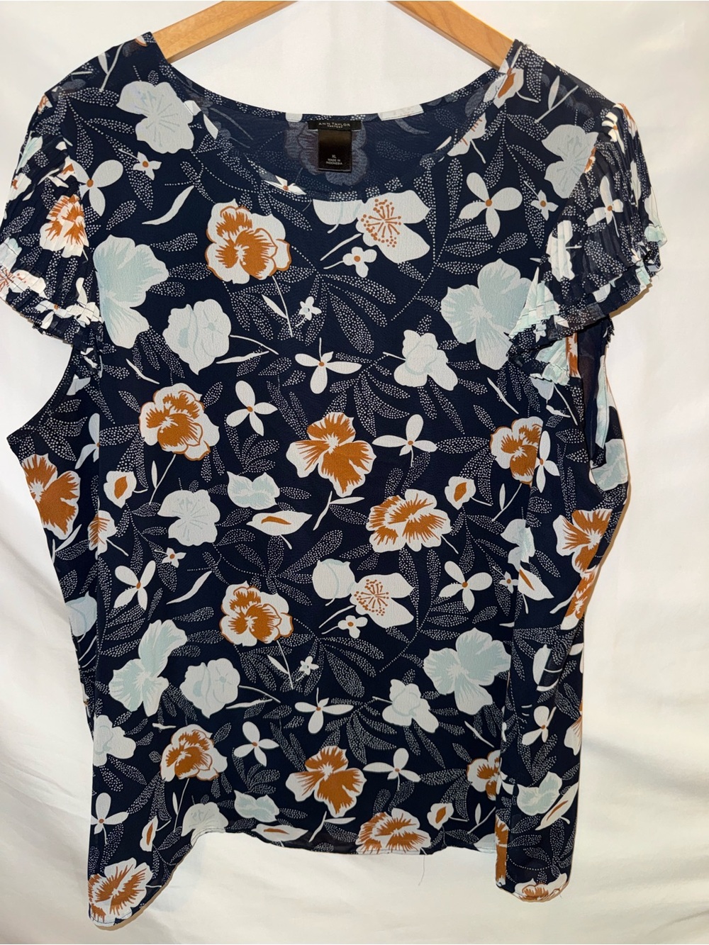 Ann Taylor Factory  Short-Sleeve Navy Women's Top with White & Rust Blooms